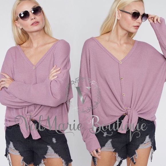 FIRESIDE ROMANCE Mauve waffle-knit button top - Picture 5 of 6